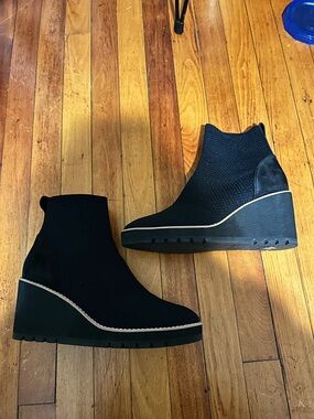 Eileen Fisher Boots Womens 8 Quill Stretch Knit Wedge Ankle Boot Black Fabric